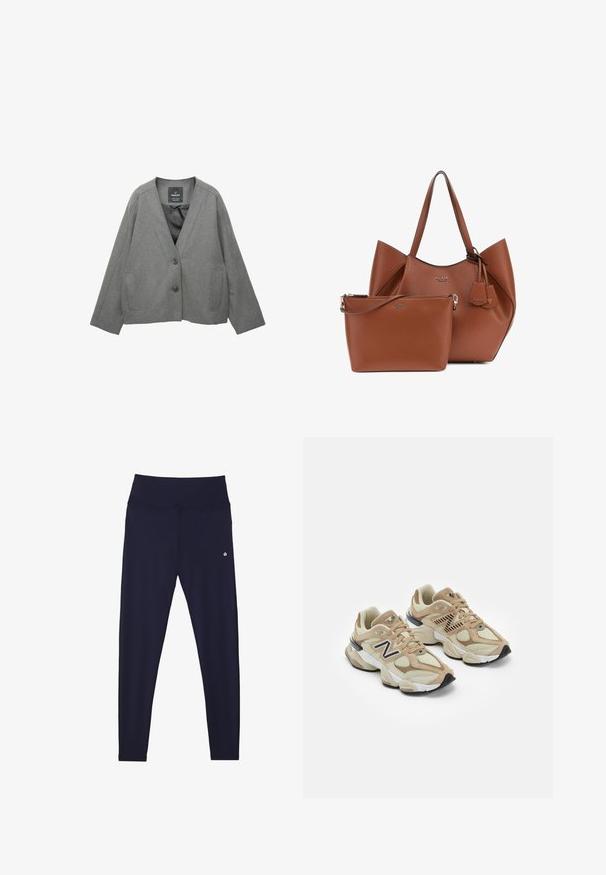 Šedý blazer, vyrobený z texturované tkaniny, s výstřihem do V, dvěma předními kapsami a zapínáním na knoflík. Podšívka.; Světle šedá mikina s kapucí, měkká na dotek, s raglánovými rukávy a žebrovanými manžetami a spodním lemem. Jednoduchý design, bez viditelných grafických prvků nebo vzorů.; Námořnické modré legíny s vysokým pasem, vyrobené z pružného materiálu, s jemným švem a malým logem na dolní levé straně.; Béžové tenisky vyrobené z materiálů síťoviny a semiše. Obsahují černé logo a texturované prvky. Silná bílá mezipodešev a černá gumová podrážka.; Hnědá kožená taška přes rameno se strukturovaným tvarem a dvěma horními uchy, doplněná o menší odpovídající pouzdro se zipem. Obě obsahují akcenty s logem.