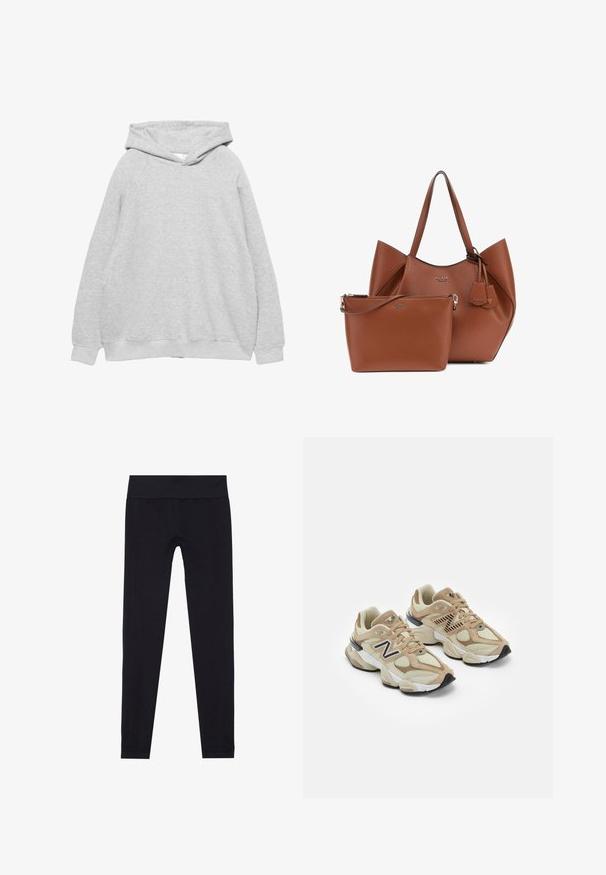 Sivý blejzer, vyrobený z textúrovanej tkaniny, s v-výstrihom, dvoma prednými vreckami a zapínaním na gombík. Podšívkovaný interiér.; Svetlošedá mikina s kapucňou a mäkkou textúrou, raglánové rukávy a rebrované manžety a lem. Jednoduchý dizajn, bez viditeľných grafík alebo vzorov.; Čierne legíny so širokým elastickým pásom, vyrobené z elastického materiálu, so hladkou textúrou a priliehavým strihom. Bez vzorov.; Béžové tenisky s kombináciou sieťoviny a semišu. Obsahujú čierne logo a štruktúrované akcenty. Hladká biela medzipodrážka a čierna gumová podrážka.; Hnedá kožená taška na plece so štruktúrovaným tvarom a dvoma hornými uchami, sprevádzaná menšou zodpovedajúcou taštičkou so zipsom. Obe obsahujú logové akcenty.