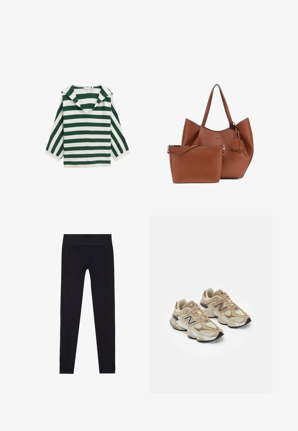 Grey blazer jacket, made of textured fabric, featuring a v-neckline, two front pockets, and a button closure. Lined interior.; Green and white striped top with a wide collar, v-neckline, and three-quarter sleeves. Made of a lightweight fabric with a smooth texture.; Black leggings with a wide elastic waistband, made of stretchable fabric, featuring a smooth texture and fitted design. No patterns.; Beige sneakers with mesh and suede materials. Features a black logo and textured accents. Thick white midsole and black rubber outsole.; Brown leather tote bag with a structured shape and two top handles, accompanied by a smaller matching pouch with a zipper. Both feature logo accents.