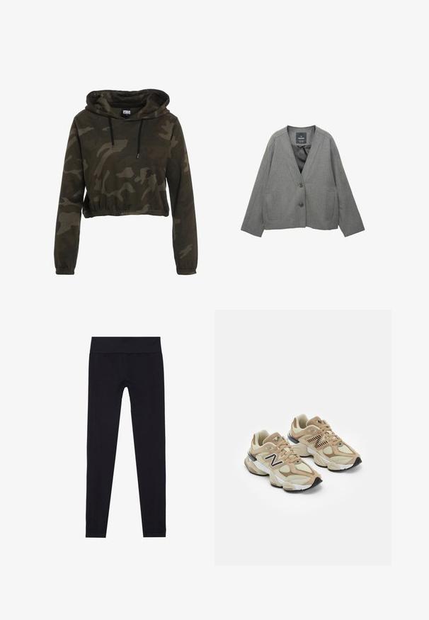 Giacca blazer grigia, realizzata in tessuto testurizzato, con scollatura a V, due tasche frontali e chiusura a bottone. Interno foderato.; Felpa cropped in camouflage scuro, con cappuccio regolabile, maniche lunghe e orlo elasticizzato. Realizzata in un morbido tessuto testurizzato.; Leggings neri con una ampia vita elastica, realizzati in tessuto elasticizzato, con una texture liscia e un design aderente. Senza motivi.; Sneaker beige realizzate in materiali mesh e suede. Presentano un logo nero e dettagli testurizzati. Suola intermedia spessa bianca e suola esterna in gomma nera.