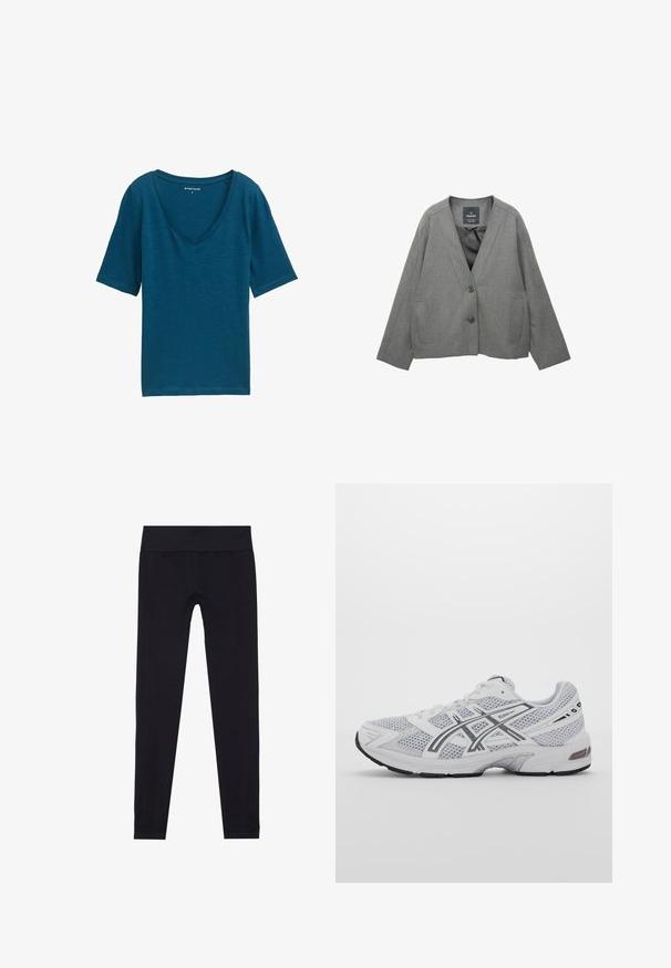 Harmaa bleiseri, valmistettu teksturoidusta kankaasta, jossa on V-pääntie, kaksi etupussia ja napitus. Vuorattu sisustus.; Teal V-paita, joka on valmistettu pehmeästä kankaasta, jossa on lyhyet hihat ja rento istuvuus. Sujuva pinta, jossa on minimaalista yksityiskohtaisuutta.; Mustat leggingit, joissa on leveä elastinen vyötärö, valmistettu joustavasta kankaasta, jossa on sileä rakenne ja tiukka muotoilu. Ei kuvioita.; Valkoinen verkkomateriaalista valmistettu urheilujalkine, jossa on harmaita yksityiskohtia, rakenteellinen muotoilu, nauhakiinnitys, pehmustettu nilkkaosa ja kumipohja pidon takaamiseksi.