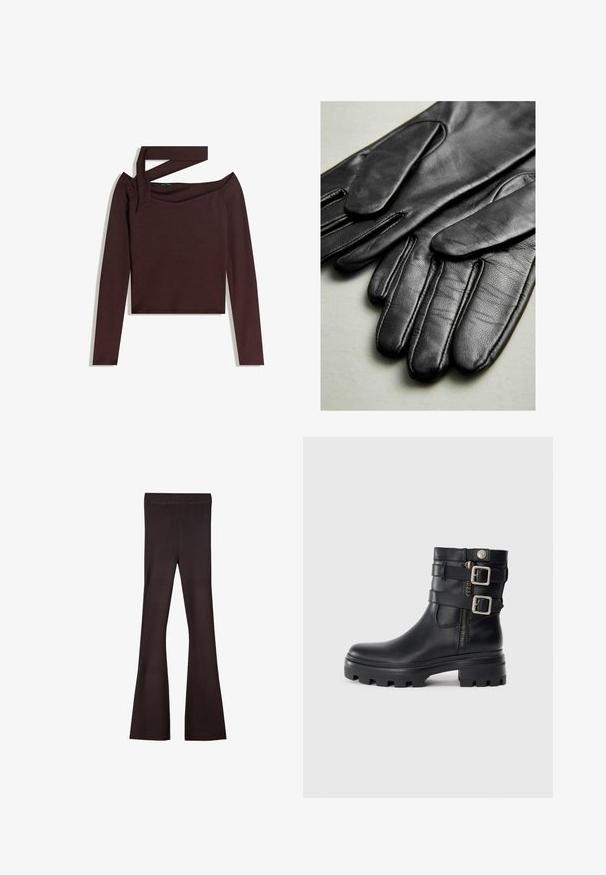 Sivi blazer jakna, izdelana iz teksturirane tkanine, z V-izrezom, dvema sprednjima žepoma in gumbom za zapiranje. Podložena notranjost.; Majica z dolgimi rokavi in spuščenimi rameni v temno rjavi jersey tkanini, z navezanim detajlom na rami in skrajšanim robom.; Bershka Hlače - dark brown; Črne usnjene gležnarske čevlje z dvojnimi zaponkami, zadrgo, grobim podplatom in gladko teksturo. Imajo trden in stiliziran dizajn.; Črne usnjene rokavice z gladko teksturo, s šivi ob prstih in prilegajočim oblikovanjem. Mehka, voljna materiala za udobje.