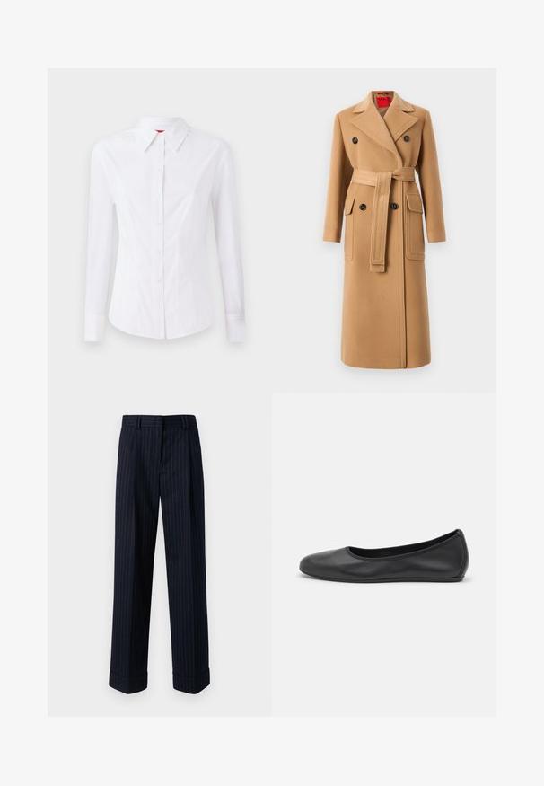 Bež kaput od vune s dodatkom, s pojasom u struku, dvostrukim kopčanjem i velikim džepovima s poklopcem. Istaknuti šiljasti rever i glatka tekstura.; Bijela košulja dugih rukava s izbočenim ovratnikom, prednjim kopčanjem na gumb i prilagođenim krojem. Glatka pamučna tkanina s suptilnim detaljima šivanja.; Tamnoplavci široke hlače imaju zlatnu prugicu, izrađene su od glatkog materijala, sa manžetama na rubovima i prednjim džepovima.; Crne kožne baletanke s zaobljenim vrhom, glatke teksture, minimalnim detaljima šavova i fleksibilnim dizajnom potplata.