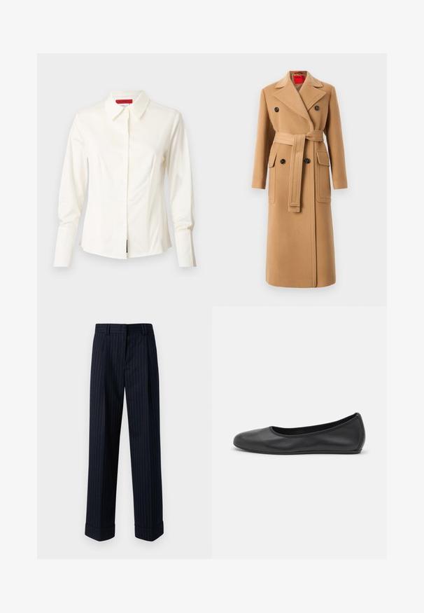 Beige Wollmischungsmantel mit taillierten Gürtel, zweireihigem Design und großen Klappentaschen. Auffällige Reverskragen und glatte Textur.; Weißes Hemd mit Kragen aus glattem Stoff, mit langen Ärmeln, Knopfverschluss und taillierter Passform mit dezenten Abnähern vorne zur Formgebung.; Marineblaue Weite-Hosen mit einem goldenen Streifenmuster, gefertigt aus einem glatten Stoff, mit umgeschlagenen Säumen und vorderen Taschen.; Schwarze Leder-Ballettschuhe mit abgerundeter Spitze, glatter Textur, minimalen Nähdetails und einem flexiblen Sohlen-Design.