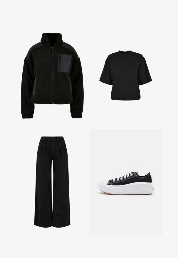 Crna flis jakna s visokim ovratnikom, zatvaračem i džepom na prsima. Ima glatke crne platnene akcentne detalje na ramenima i bokovima.; Crna skraćena majica od pamuka. Ima kratke rukave i okrugli izrez. Glatka tekstura s jednostavnim dizajnom, bez dodatnih uzoraka.; Crne široke hlače izrađene od lagane tkanine, s nagibima sprijeda, kopčanjem na gumb i urednim završetkom na rubu.; Crne platnene tenisice s bijelim vezicama, bijelim gumastim vrhom i debelim bijelim međusolom. Imaju suptilnu bijelu šav, a đon je od gume.