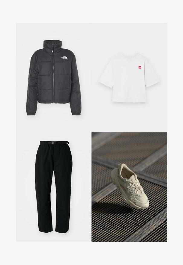 Melnā pūkaina jaka ar augstu apkakli, ar pilnu priekšējo rāvējslēdzēju, elastīgām piedurknēm un horizontālu šuvju rakstu. Logo kreisajā krūtī.; Baltas īsām piedurknēm T-krekls, izgatavots no kokvilnas. Iezīmēts ar mazu sarkanu kvadrātu uz kreisā krūšu apgabala. Taisna griezuma. Mīksta tekstūra.; Melnas vieglas bikses ar elastīgu jostu un regulējamu jostu. Iezīmējas ar sašaurinātām kājām un pastiprinātiem ceļa paneļiem izturībai.; Bežs sporta apavi ar teksturētu audumu, kontrastējošiem gludiem akcentiem, noapaļotu zoli un auklām, karājas virs režģa virsmas.