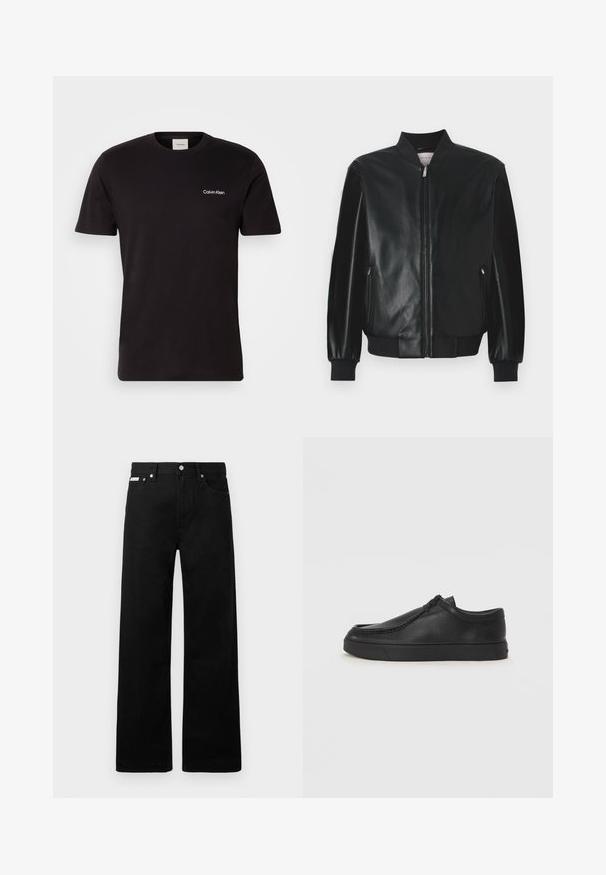 Juodas bombonešis šviesios odos su vertikalia apykakle, užtrauktuko priekyje ir įlinkusiomis rankovėmis. Yra šoninės kišenės ir lygus paviršius.; Juodas medvilninis trumpomis rankovėmis marškinėliai su apvalia iškirpte ir mažu baltu "Calvin Klein" logotipu ant krūtinės. Minkšta tekstūra. Kasdienis siluetas.; Juodos džinsinės kelnės su plačiu kojų dizainu, turinčios penkias kišenes ir metalinius sagčių akcentus. Lygus paviršius, be matomų raštų.; Juodos odinės supjamintus batelius su apvaliu pirštu, siuvinėtu akcentu ir juodu guminiu padu. Lygus tekstūra su minimalistišku dizainu.