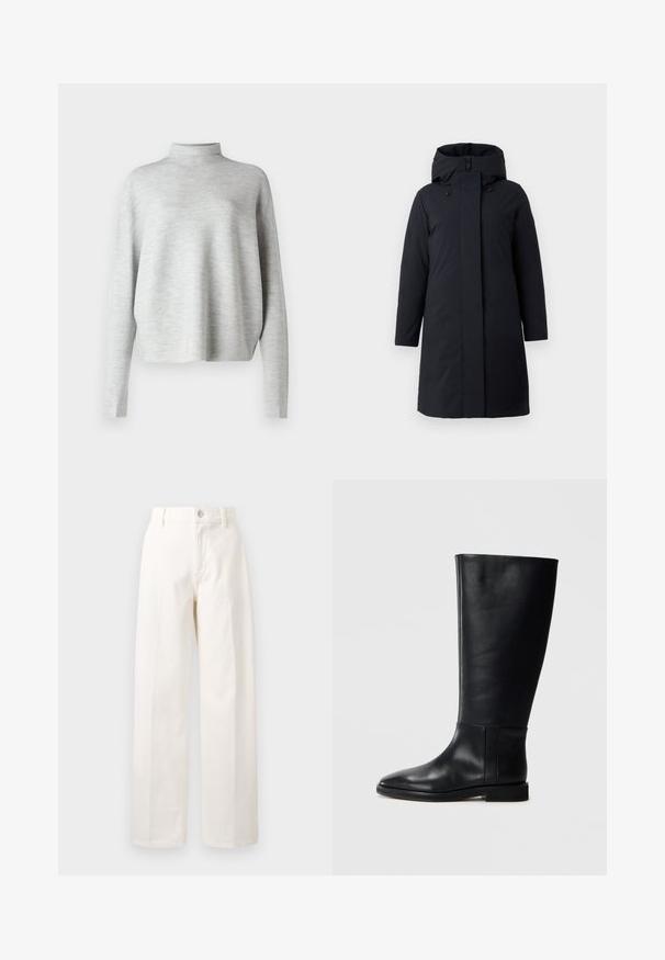 Črn dolgo plašč s kapuco in ravnim krojem, z zadrgo spredaj, stranskimi žepi in nastavljivimi detajli na kapuci. Gladka tekstura.; Svetar svetlo sive boje s visokim ovratnikom, izrađen od mekane tkanine, sa dugim rukavima i opuštenim krojem, sa glatkom, finom teksturom.; Bela široka hlača iz bombaža, z sprednjim gumbom, zanke za pas in ravnim krojem brez vidnih vzorcev.; Črne usnjene škornje do kolen z zaobljenim nosom, gladko teksturo, minimalističnim dizajnom in ravnim podplatom. Preproste šivane detajle na zgornjem delu.