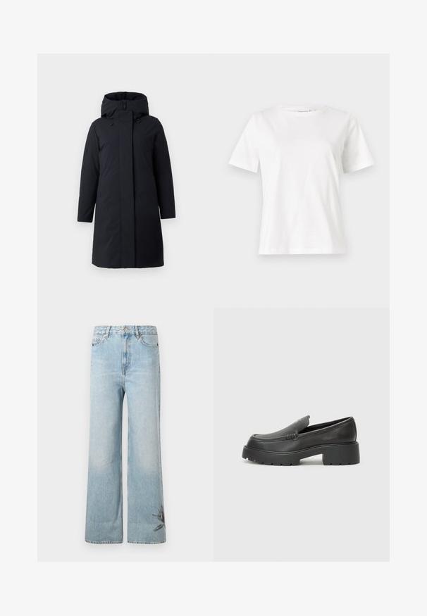 Černý dlouhý plášť s kapucí a rovný střih, s předním zipem, bočními kapsami a stahovacími akcenty na kapuci. Hladká textura.; Bílý bavlněný tričko s krátkým rukávem, kulatým výstřihem a volnějším střihem. Hladká textura, bez vzorů nebo akcentů, minimalistický design.; Světle modré džínové široké kalhoty s vybledlým vzhledem a květinovou výšivkou na dolní levé noze.; Černé kožené mokasíny s okrouhlou špičkou, silnou strukturovanou podrážkou a minimálními detaily šití. Elegantní design bez viditelných tkaniček nebo kovových prvků.