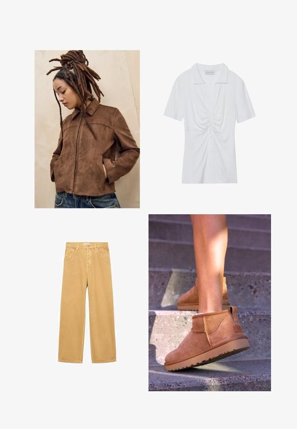 Ung person med långa bruna dreadlocks står mot en ljus trävgg iklädd en brun mockajacka och blå jeans, med händerna i fickorna och huvudet lutat ner.; Vit kortärmad blus med krage, som har en vriden knutdetalj framtill och en knappslå. Slät ribbtextur.; Breda, ljusbruna bomullshängselbyxor med hög midja, framfickor och en enda knappstängning. Slät textur, avslappnad design.; Tan mockasiner med en mjuk textur, sömnadsdetaljer och en gummisula, med en öglad häl för enkel påtagning.