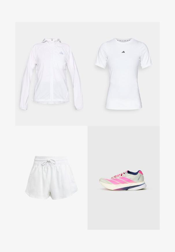 Valge kerge lukuga spordijakk kapuutsiga ja pikkade varrukatega, vasakul rinnal väike helkurdetailidega Adidas logo.; Valge lühikeste varrukatega sportlik särk, mis on valmistatud siledast ja venivast kangast. Rinnal on väike must Adidas'i logo.; Valged spordilühikesed püksid elastse vöökoha ja reguleeritava paelaga. Valmistatud kergest materjalist, küljetaskudega ja lõdva istuvusega.; Jooksujalats, millel on kerge võrkkonstruktsioon helesinises ja roosa triibudega, lilla aktsentide ja paksu valge tallaga, millel on silt "LIGHTSTRIKE PRO."