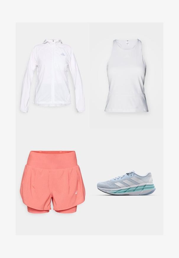 Chaqueta deportiva blanca ligera con cremallera y capucha, de manga larga, con un pequeño logo reflectante de Adidas en el pecho izquierdo.; Top deportivo sin mangas blanco con cuello redondo, textura suave y logo tonal sutil en el pecho. Línea de dobladillo recta en la cintura.; Pantalones cortos deportivos rosas con una capa exterior transpirable y perforada y pantalones cortos interiores ajustados. Diseño holgado con una cintura ancha y detalle de marca.; Zapatillas deportivas azul claro con un upper de punto texturizado, acentos blancos y una suela intermedia verde transparente. Punta redondeada y cuello acolchado.