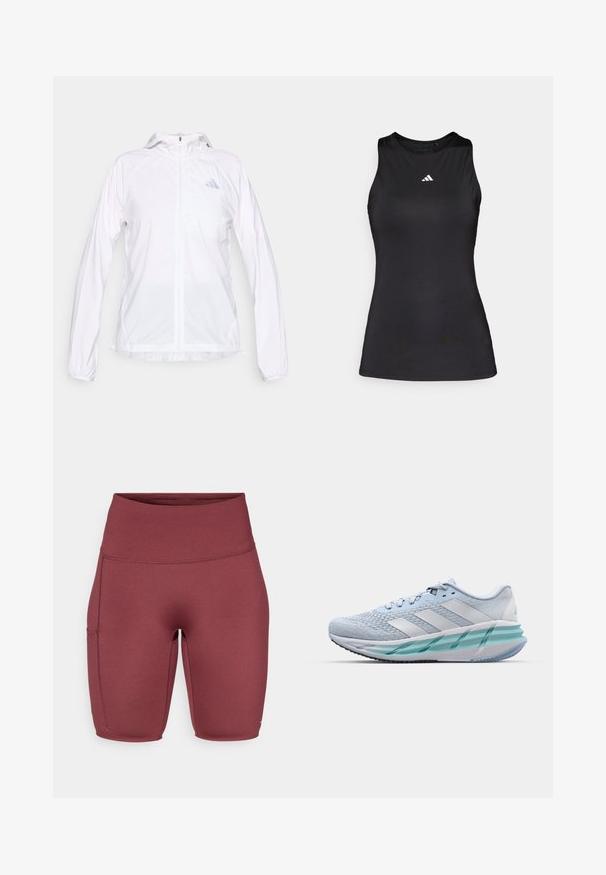 White lightweight zip-up sports jacket with hood and long sleeves, featuring a small reflective Adidas logo on the left chest.; Black sleeveless athletic top made of smooth fabric. Features a round neckline and a small white Adidas logo on the chest.; Burgundy high-waisted shorts with a smooth, stretchy fabric. Features a side pocket and a fitted design, suitable for activewear.; Light blue athletic shoes with a textured knit upper, white accents, and a transparent green midsole. Rounded toe and padded collar.