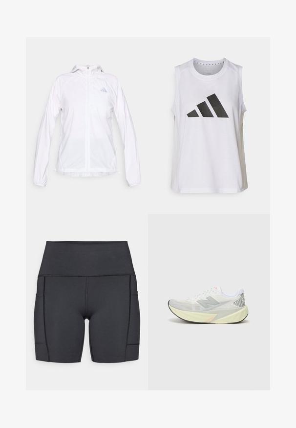Casaco desportivo branco leve com fecho e capuz, mangas compridas, com um pequeno logótipo refletor da Adidas no lado esquerdo do peito.; Top atlético branco sem mangas com decote redondo, apresentando um grande logótipo preto da Adidas composto por três riscas na frente.; Calções altos pretos feitos de um tecido elástico, com bolsos laterais, costuras planas e uma textura suave para conforto durante as atividades.; Sapatilha de corrida leve com um upper de malha cinza e branco, um logótipo 'N' proeminente e uma entressola amarela com acentos angulados. Sola preta.