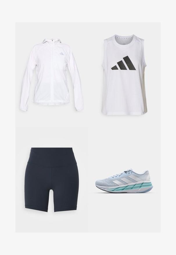 Weißes, leichtes Sport-Jacke mit Reißverschluss, Kapuze und langen Ärmeln, mit einem kleinen reflektierenden Adidas-Logo auf der linken Brust.; Weißes ärmelloses Sportoberteil mit rundem Halsausschnitt, das auf der Vorderseite ein großes schwarzes Adidas-Logo aus drei Streifen aufweist.; Navyblaue, hochgeschnittene Sportshorts aus dehnbarem Material, mit einer glatten Textur und kontrastierenden Nähten entlang der Seiten.; Helle blaue Sportschuhe mit einem strukturierten Strickobermaterial, weißen Akzenten und einer transparenten grünen Zwischensohle. Abgerundete Zehenpartie und gepolsterter Schaft.