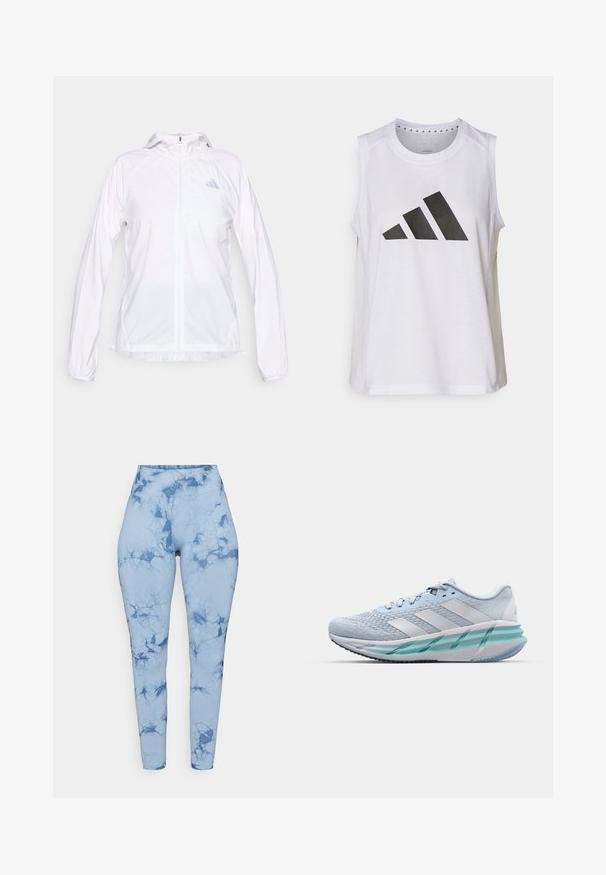 Bílá lehká sportovní bunda na zip s kapucí a dlouhými rukávy, s malým reflexním logem Adidas na levé straně hrudi.; Bílý sportovní top bez rukávů s kulatým výstřihem, na přední straně s velkým černým logem Adidas složeným ze tří pruhů.; Legíny s modrým mramorovým vzorem a vysokým pasem, vyrobené z elastické tkaniny, která má hladkou texturu a přiléhavý střih.; Světlomodré sportovní boty s texturovaným pleteným svrškem, bílými akcenty a průhledným zeleným mezipodešví. Oválná špička a polstrovaný límec.