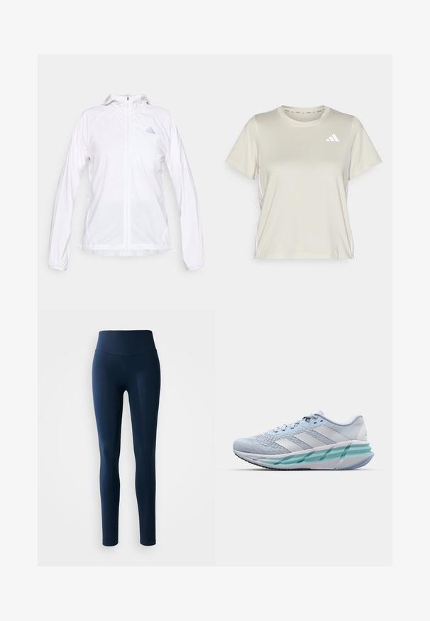 Bijela lagana sportska jakna s patentnim zatvaračem, kapuljačom i dugim rukavima, s malim reflektirajućim Adidas logotipom na lijevoj strani prsa.; adidas Performance TRAIN ESSENTIALS 3STRIPES WORKOUT - Sportska majica - alumina/white; Navy plave tajice napravljene od rastezljivog rebrastog materijala, s visokim strukom i oblikovanim dizajnom, pogodne za aktivno nošenje.; Svijetloplave atletske tenisice s teksturiranim pletenim gornjištem, bijelim detaljima i prozirnom zelenom potplatnom jedinicom. Zaobljen nos i podstavljeni ovratnik.