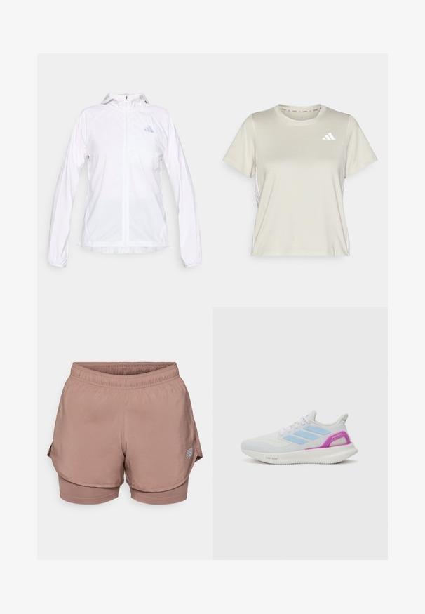 Jachetă sport ușoară albă cu fermoar, glugă și mâneci lungi, având un mic logo reflectorizant Adidas pe pieptul stâng.; adidas Performance TRAIN ESSENTIALS 3STRIPES WORKOUT - Bluză sport - alumina/white; Shorts de sport roz pal, cu un elastic la talie, un design în straturi și un detaliu cu logo reflectorizant pe lateral. Material neted.; adidas Performance PUREBOOST 5 - Pantofi de alergare pe asfalt - white/glow blue/purple burst