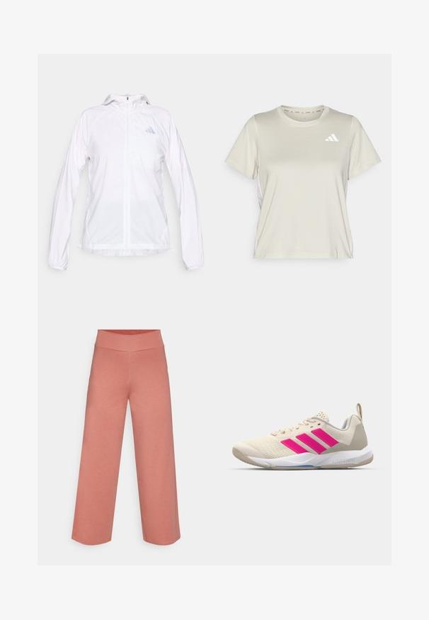 Chaqueta deportiva blanca ligera con cremallera y capucha, de manga larga, con un pequeño logo reflectante de Adidas en el pecho izquierdo.; adidas Performance TRAIN ESSENTIALS 3STRIPES WORKOUT - Camiseta deportiva - alumina/white; Yogasearcher RAVANA FLOWY PANTS - Pantalones deportivos - cedar; Zapatilla deportiva beige con logo de tres rayas rosa, parte superior de malla texturizada, cuello acolchado y suela de goma blanca, con la marca "LIGHTSTRIKE".