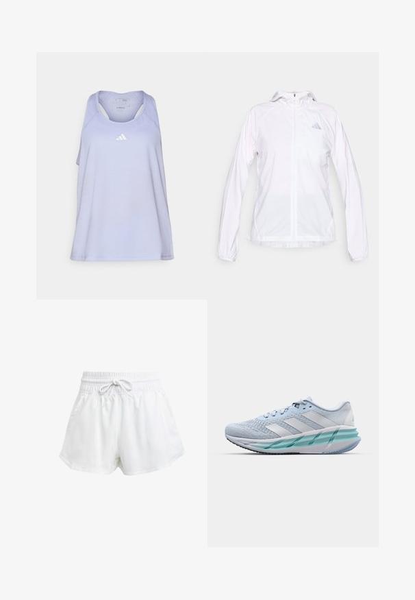 Veste de sport légère blanche à fermeture éclair avec capuche et manches longues, arborant un petit logo Adidas réfléchissant sur le côté gauche de la poitrine.; Débardeur de sport violet clair avec un dos nageur. Présente un petit logo Adidas blanc sur la poitrine. Fabriqué en tissu lisse et respirant.; Shorts de sport blancs avec une taille élastique et un cordon de serrage réglable. Fabriqués en matériau léger, ils sont dotés de poches latérales et d'une coupe ample.; Baskets de sport bleu clair avec un dessus en tricot texturé, des accents blancs et une semelle intermédiaire transparente verte. Bout arrondi et col rembourré.