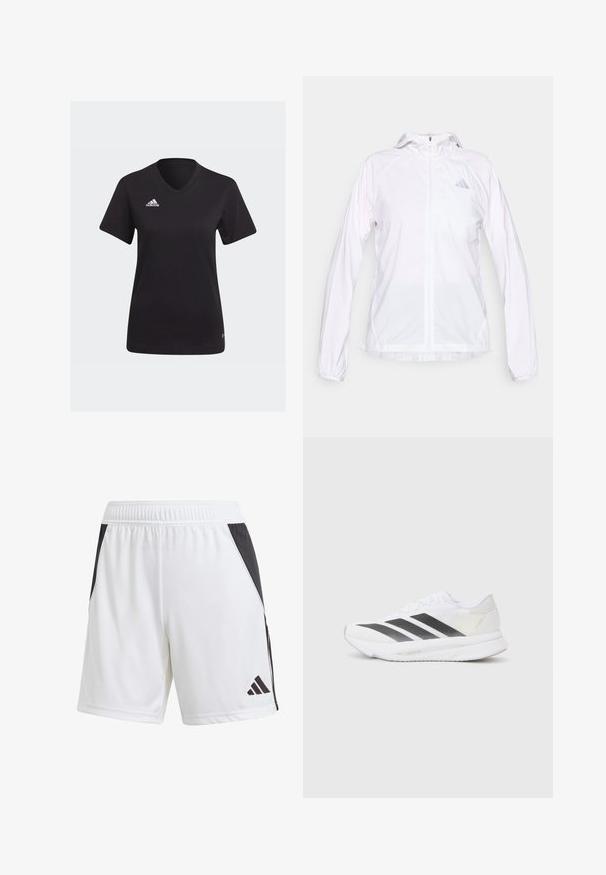 Valkoinen kevyt vetoketjullinen urheilutakki, jossa on huppu ja pitkät hihat. Vasemmassa rinnassa pieni heijastava Adidas-logo.; Musta Adidas t-paita, jossa on V-kaula-aukko, lyhyet hihat ja valkoinen logo vasemmassa rintakappaleessa. Valmistettu pehmeästä kankaasta.; Valkoiset urheilushortsit, joissa on mustat sivupaneelit, valmistettu kevyestä kankaasta. Sisältää joustavyysvyön ja mustan Adidas-logon alahousussa.; Valkoinen urheilukenkä, jossa on mustat viistot raidat, verkkosukka, pyöreä kärki ja teksturoitu pohja. Koristeina ovat hopeinen kantapää ja minimalistinen muotoilu.