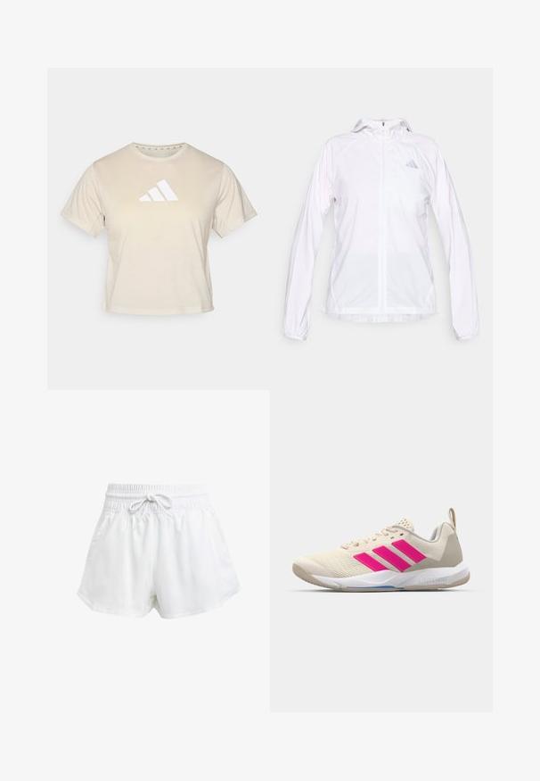 White lightweight zip-up sports jacket with hood and long sleeves, featuring a small reflective Adidas logo on the left chest.; Beige short-sleeve t-shirt made of soft fabric, featuring a prominent white three-stripe Adidas logo on the chest. Classic crew neckline.; White athletic shorts with an elastic waistband and adjustable drawstring. Made from lightweight material, featuring side pockets and a loose fit.; Beige athletic shoe with pink three-stripe logo, textured mesh upper, padded collar, and white rubber sole, featuring "LIGHTSTRIKE" branding.
