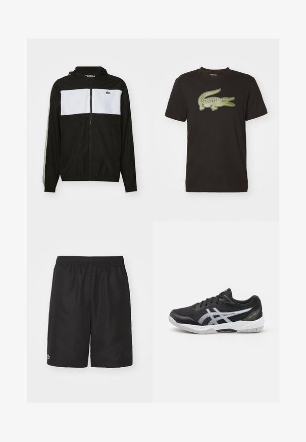Schwarz-weiße Zip-Jacke mit Kapuze, featuring ein horizontaler weißer Streifen, elastische Ärmelbündchen und Lacoste-Logo auf der linken Brust.; Schwarzes Baumwoll-T-Shirt mit einem grünen Krokodil-Motiv, rundem Ausschnitt, kurzen Ärmeln und lockerer Passform. Keine zusätzlichen Designs oder Muster.; Schwarze Sportshorts aus leichtem Material mit elastischem Bund und einem kleinen grünen Logo am unteren linken Bein.; Schwarzer Sportschuh mit einem Obermaterial aus Mesh, reflektierendem silbernen Logo, Gummisohle und weißen Akzenten. Verfügt über einen gepolsterten Schaft und ein strapazierfähiges Design.