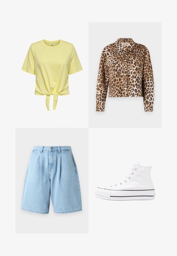 Leopardų rašto dirbtiniais kailiais striukė su pūsta apykakle, priekyje su sagomis, dviem krūtinės kišenėmis ir ilgomis rankovėmis su raukiniais.; Geltonas trumparankovis T-shirt, pagamintas iš minkštos, lengvos medvilnės, su mazgo detale juosmens srityje. Lygus audinys ir laisvas siluetas.; Šviesiai mėlynos džinsinės šortuose su laisvu sijonu, su priekine raukšle, kilpomis diržui ir klasikiniu penkių kišenių stiliumi.; Balti aukštakulniai drobės sportbačiai su juodu guminio pado, priekinio guminio piršto dangteliu ir šešiais akytėmis raištams, pasižymintys švariu, minimalistiniu dizainu.
