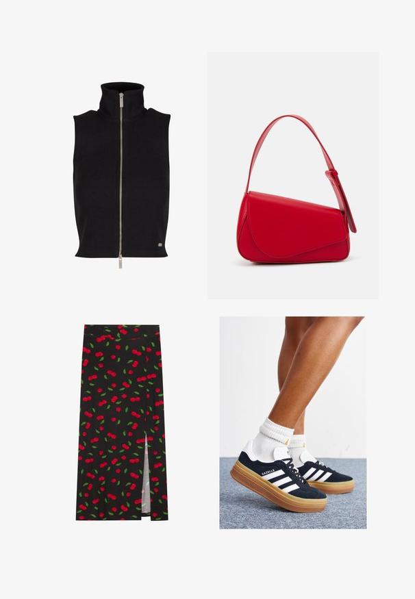 Schwarzes, geripptes, ärmelloses Oberteil mit hohem Kragen und silbernem Reißverschluss. Hat eine glatte Textur und ein kleines Logodetail am Saum.; Schwarzes ärmelloses Turtleneck-Top aus Stretchstoff, mit einem zentralen weißen Levi's-Logo auf einem rechteckigen Patch, mit glatter Textur.; Schwarzer Rock mit Kirschmotiv, roten Kirschen und grünen Blättern. Mit einem Seitenschlitz für zusätzliches Designdetail.; Schwarze Wildledersneaker mit weißen Streifen und Akzenten, rundlicher Zehenbereich, Sohlen aus braunem Gummi, kombiniert mit weißen, gerippten Sneakersocken.; Rote Lederhandtasche mit einem kantigen, geometrischen Design. Verfügt über einen verstellbaren Schulterriemen und einen Klappenverschluss mit genähten Details.