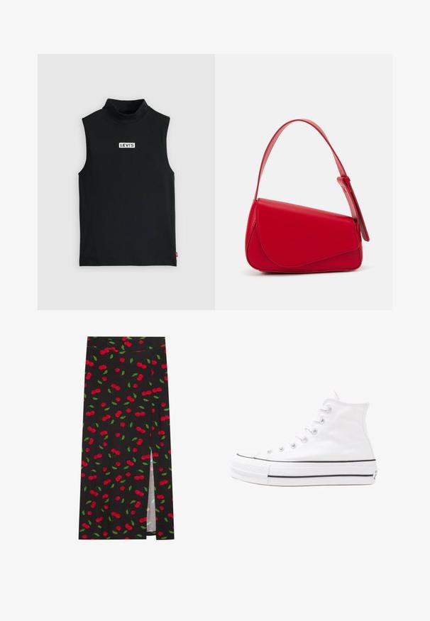 Schwarzes, geripptes, ärmelloses Oberteil mit hohem Kragen und silbernem Reißverschluss. Hat eine glatte Textur und ein kleines Logodetail am Saum.; Schwarzes ärmelloses Rollkragentop aus weichem Stoff, mit einem weißen Levi's-Logo-Patch in der Mitte der Brust.; Schwarzer Rock mit Kirschmotiv, roten Kirschen und grünen Blättern. Mit einem Seitenschlitz für zusätzliches Designdetail.; Weiße hochwertige Leinensneaker mit schwarzer Gummisohle, vorderem Gummizehenschutz und sechs Ösen für Schnürsenkel, die ein sauberes, minimalistisches Design aufweisen.; Rote Lederhandtasche mit einem kantigen, geometrischen Design. Verfügt über einen verstellbaren Schulterriemen und einen Klappenverschluss mit genähten Details.