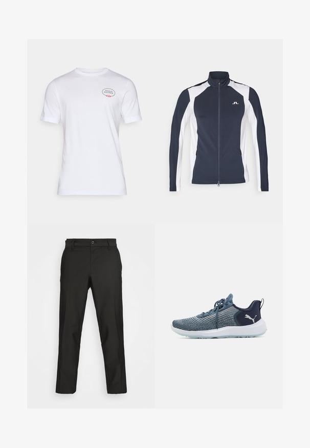 Jūrų laivyno ir baltos spalvos sportinė striukė su aukštu apykakle, pilnu užtrauktuku, ilgomis rankovėmis ir zip užtrauktukais šoninėse kišenėse; turi logotipą ant krūtinės.; Balta medvilnės marškinėliai su trumpomis rankovėmis, apvaliu kaklu ir logotipu su gėlių akcentais kairėje krūtinės pusėje.; Juodi kelnių pagaminti iš lygaus audinio, tiesaus silueto, su viršutiniu mygtuku ir užtrauktuku, su šoninėmis kišenėmis.; Vyrų sportiniai batai su tekstūruota mėlynos spalvos viršutine dalimi, palaikančiu kulno užkulniu ir baltu guminio pado su sukibimo raštais.