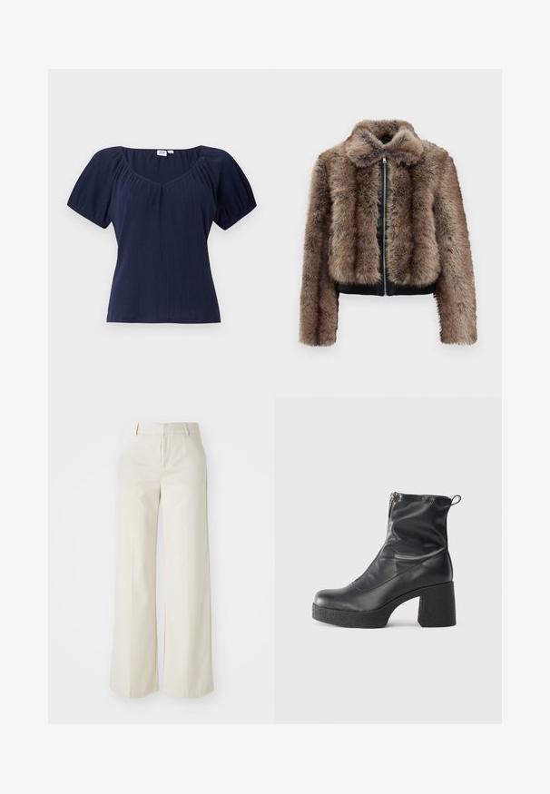 Pruun ja must kunstkarusnahast jakk täis esiluku, krae, pikad varrukad ja must soonik serv lihtsa valge tausta taustal.; Tumesinine lühikeste varrukatega särk, millel on ümar kaelus, ribaline tekstuur ja kogutud õlavarreõmblused, et lisada kuju ja volüümi.; Laiad püksid helesbežis värvitoonis, valmistatud siledast kangast. Omavad klassikalist vööd ja siledat fronti puhaste joontega.; Mustad mustad ansapüksid, mis on valmistatud siledast nahast, külje zipperiga, paksu tekstuuriga kontsaga ja ümmarguse nina disainiga.