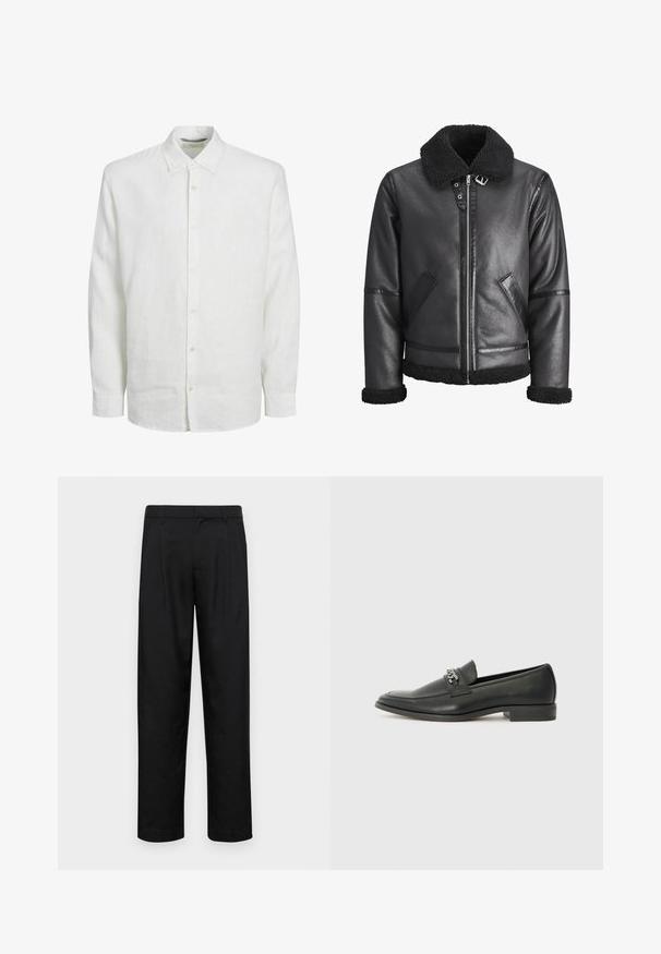 Jachetă din piele sintetică neagră, cu guler din blană sintetică, închidere cu fermoar, două buzunare laterale și accente negre pe mâneci și tiv.; Cămașă albă cu mânecă lungă, din in, cu deschidere cu butoane în față, guler clasic și o textură subtilă. Mânecile se termină la încheietura mâinii cu manșete cu butoane.; Pantaloni negri dintr-un material neted, cu un design drept, două pliuri frontale și un tiv standard cu bucle pentru curea.; Pantofii negri din piele cu un finisaj neted, având un design cusut și un accent decorativ de lanț metalic peste partea de sus. Toc plat.