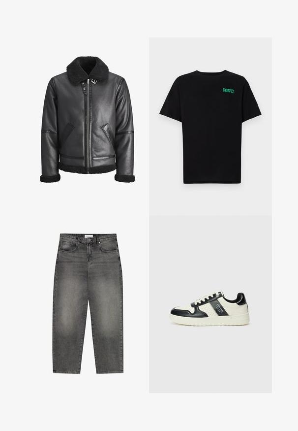 Černá kožená bunda s límcem z umělé vlny, zapínáním na zip, dvěma bočními kapsami a černými detaily na rukávech a lemu.; Černé tričko vyrobené z bavlny s krátkým rukávem. Na přední straně se nachází zelené logo "ROOTS", kulatý výstřih a standardní střih.; Šedé džínové kalhoty s volným střihem, které mají pět kapes, zipový klasický zapínání a jemné blednutí. Klasický design rovného střihu a prošité švy.; Kožené tenisky s černobílou barevnou kombinací, které mají perforované detaily, polstrovaný límec a texturovanou podrážku.