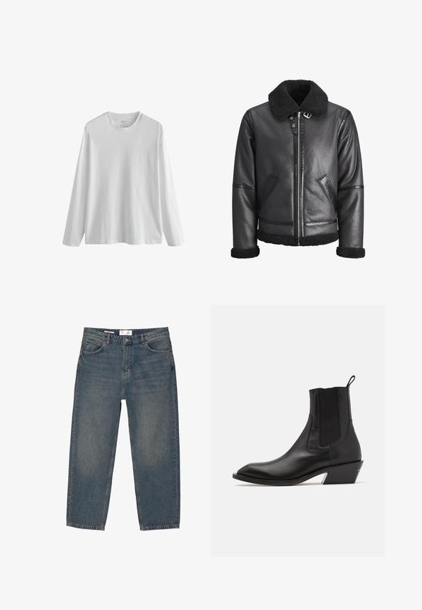 Schwarze Lederjacke mit einem Kragen aus Kunstfell, Reißverschluss, zwei Seitentaschen und schwarzen Akzenten an den Ärmeln und dem Saum.; Langärmliges, weißes Baumwoll-T-Shirt mit rundem Halsausschnitt und lässiger Passform. Glatte Textur, keine Muster oder Akzente. Etikett sichtbar im Kragen.; Blaue Denim-Jeans mit lockerer Passform, klassischem Fünf-Taschen-Design und minimaler Verblassung. Enthält einen Knopfverschluss und Gürtelschlaufen.; Schwarze Leder-Ankle-Boots mit spitzem Absatz, elastischen Seiteneinsätzen und einem niedrigen Blockabsatz mit einer silbernen Akzentuierung. Mit einer Zuglasche.