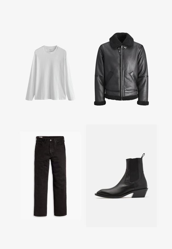 Schwarze Lederjacke mit einem Kragen aus Kunstfell, Reißverschluss, zwei Seitentaschen und schwarzen Akzenten an den Ärmeln und dem Saum.; Langärmliges, weißes Baumwoll-T-Shirt mit rundem Halsausschnitt und lässiger Passform. Glatte Textur, keine Muster oder Akzente. Etikett sichtbar im Kragen.; Schwarze gerade Jeans aus Denim mit fünf Taschen, Knopfverschluss und Gürtelschlaufen, flach auf einem weißen Hintergrund ausgelegt.; Schwarze Leder-Ankle-Boots mit spitzem Absatz, elastischen Seiteneinsätzen und einem niedrigen Blockabsatz mit einer silbernen Akzentuierung. Mit einer Zuglasche.