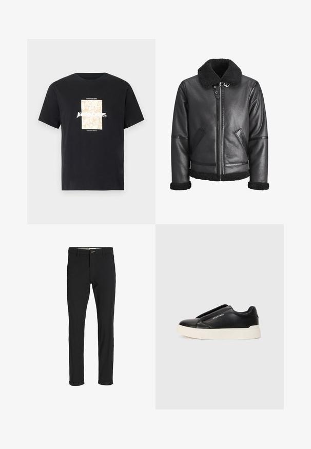 Fekete bőrkabát műszőrme gallérral, cipzáras zárással, két oldalsó zsebbe és fekete részletekkel az ujjakon és az alján.; Fekete pamut póló kerek nyakkal. Bézs téglalap alakú grafika és fehér szöveg található rajta, "JAWO," középen elhelyezve. Rövid ujjú.; Fekete pamut keverék nadrág, slim fit szabással, gombos záródással, zsebekkel és felgöngyölt szárakkal a laza végeredményért.; Fekete slip-on sneaker, textúrált bőrfelsővel, fehér gumitalppal és láthatatlan fűzőkkel. Az oldalon a márka logója található.