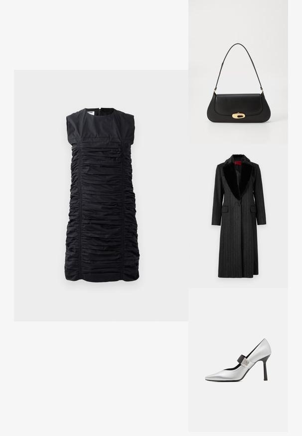 Fekete csíkos kabát, strukturált anyagból készült, műszőrme gallérral, két elülső zsebbel és egy gombos záródással.; Fekete, ujjatlan ruha, összegyűrődött textúrával, függőleges ráncolással és magas nyakkivágással. Hátul zipzáras záródás. Elegáns, testhezálló sziluett.; Ezüst bőr magassarkú cipő, hegyes orral, fekete szíjjal kiemelve és fényes felülettel, vékony sarkával és elegáns vonalvezetéssel.; Fekete bőr táska ívelt kialakítással, arany színű fémrészletekkel és felső fogantyúval. Csúszásmentes záródás és sima textúra jellemzi.