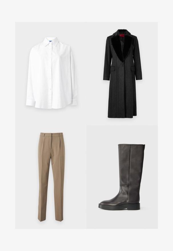 Mustrilineel must mantel, mis on valmistatud struktureeritud kangast, faux karusnahast kraega, kahe esipocketiga ja ühe nupuga kinnitusega.; Valge pika varrukaga särk, valmistatud puuvillast. Omab klassikalist krae, nööbiga ees ja tikandiga logosid vasakul rinnal. Sile tekstuur.; Pruunid kohandatud püksid siledast kangast, sirge jala disainiga, esipintslite ja vöödega vöökohaga.; Must muste kõrgusse ulatuv must nahast saapad paksu tallaga ja diskreetse Calvin Kleini logoga ülaääres, nähtud külgedelt.