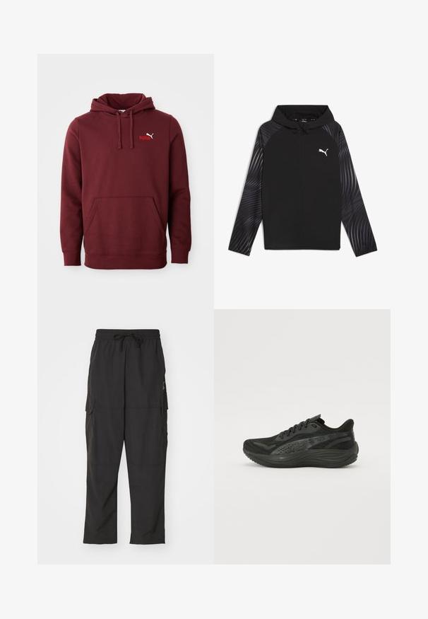 Puma RUN FAVORITE AOP WOVEN JACKET M - Veste de survêtement - black-aop; Hoodie Puma bordeaux avec poche kangourou à l'avant, capuche réglable avec cordon de serrage et petit logo Puma sur la poitrine gauche.; Pantalons cargo noirs avec une taille élastique et un cordon de serrage. Comprend deux poches latérales et un tissu lisse et léger.; Chaussure de sport noire avec une tige en mesh texturé, des lacets plats et une semelle rembourrée dotée de subtils accents réfléchissants.