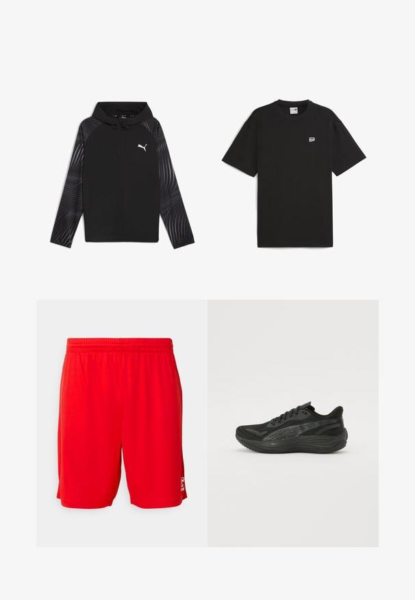 Puma RUN FAVORITE AOP WOVEN JACKET M - Chaqueta de entrenamiento - black-aop; Camiseta de algodón negra de manga corta, con cuello redondo y pequeño logo blanco en el pecho. Ajuste simple y relajado.; Pantalones cortos deportivos rojos hechos de tejido ligero, con cintura elástica, textura suave y un detalle de logo en la parte inferior derecha.; Zapatilla deportiva negra con parte superior de malla texturizada, cordones planos y una suela acolchada con sutiles acentos reflectantes.