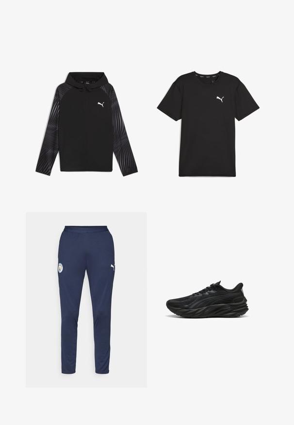 Puma RUN FAVORITE AOP WOVEN JACKET M - Trainingsvest - black-aop; Zwart sport t-shirt met korte mouwen van synthetische stof, met een wit Puma-logo op de bovenste linkerborst. Gladde textuur, ronde hals.; Marineblauwe sportbroek gemaakt van ademende stof, met een getailleerd ontwerp, elastische tailleband en witte logo-accenten op de dij.; Zwarte sportschoen met een gestructureerde bovenkant, gebogen zool en versterkte hiel. Voorzien van veters en een subtiel ontwerpelement aan de zijkant.