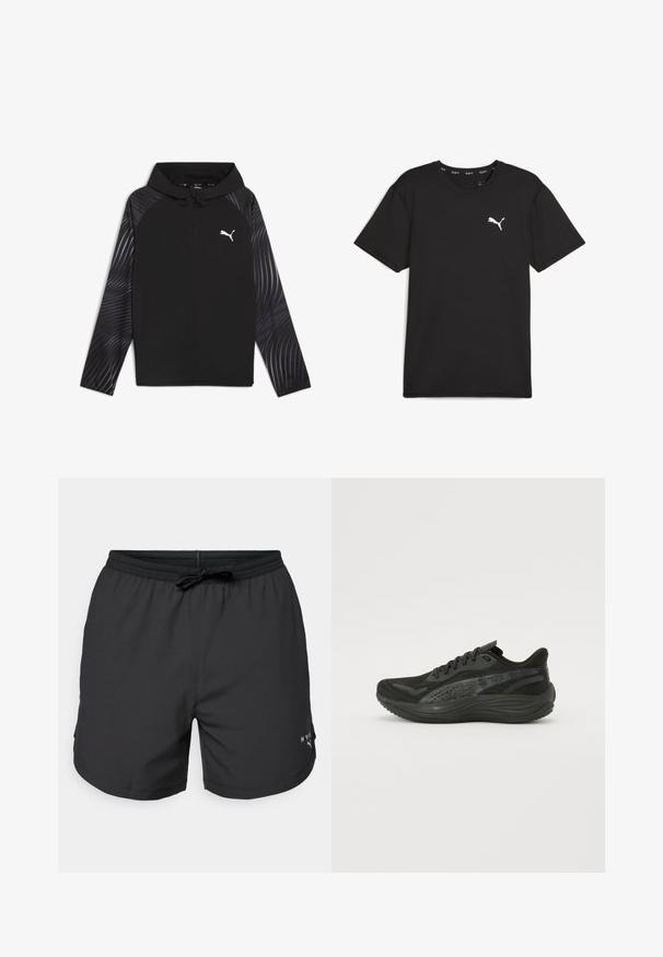 Puma RUN FAVORITE AOP WOVEN JACKET M - Sportinė striukė - black-aop; Juodas trumpomis rankovėmis sportinis marškinėliai, pagaminti iš sintetinio audinio, su baltu Puma logotipu viršutiniame kairiajame krūtinės kampe. Lygi tekstūra, su apvalia iškirpte.; Juodos maudymosi šortai su elastinga juostele ir virvele. Lengva medžiaga su šoninėmis kišenėmis. Krajose yra mažas logotipas.; Juodos sportinės bateliai su tekstūruotu mezginiu, plokščiomis raištelėmis ir paminkštintu padu, turinčiu subtilius atspindinčius akcentus.