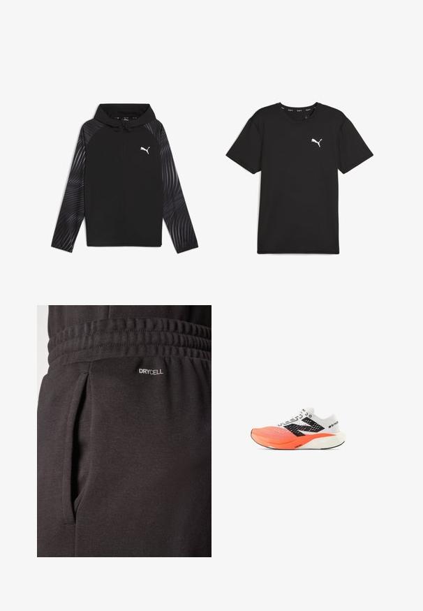 Puma RUN FAVORITE AOP WOVEN JACKET M - Træningsjakke - black-aop; Sort kortærmet atletisk T-shirt lavet af syntetisk stof, med et hvidt Puma-logo på den øverste venstre bryst. Glat tekstur, rund hals.; Sorte athletic bukser lavet af tekstureret stof har en elastisk talje, sidelommer og et "DRYCELL" label nær lommen.; Løbesko med en åndbar hvid mesh-overdel, sorte detaljer, en gradient orange tå og en kontureret skumsål mærket "FUELCELL."