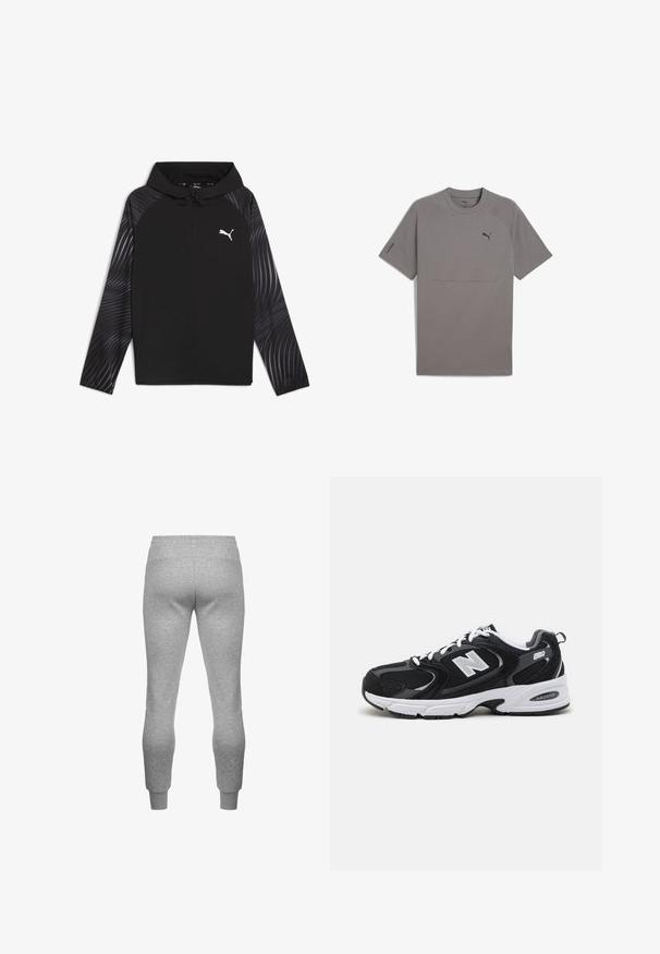 Puma RUN FAVORITE AOP WOVEN JACKET M - Trainingsvest - black-aop; Grijze T-shirt met korte mouwen van een gladde stof, met een ronde hals, raglanmouwen en een klein zwart Puma-logo op de borst.; Grijze sweatpants met een elastische tailleband en aansluitende boorden, gemaakt van zachte stof, met een gladde textuur en zonder zichtbare patronen.; Zwarte en grijze sport schoenen met een bovenwerk van mesh en suede, voorzien van een witte tussenzool, veters en een gedurfde "N"-logo aan de zijkant.