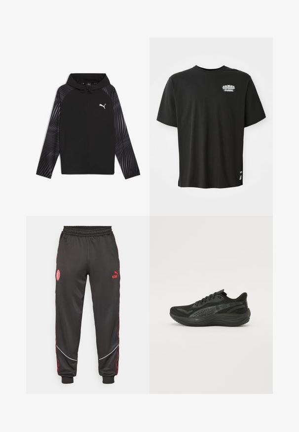 Puma RUN FAVORITE AOP WOVEN JACKET M - Giacca sportiva - black-aop; T-shirt nero a maniche corte con piccolo testo "RIPNDIP PUMA" e grafica di cinque teste di gatto sulla parte superiore sinistra del petto.; Pantaloni sportivi neri con vita elasticizzata, dettagli rossi, loghi ricamati e piping bianco lungo i lati, realizzati in materiale liscio.; Scarpa sportiva nera con tomaia in mesh testurizzato, lacci piatti e suola ammortizzata con sottili dettagli riflettenti.