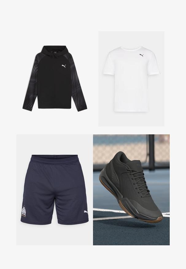 Puma RUN FAVORITE AOP WOVEN JACKET M - Trainingsjacke - black-aop; Weißes Kurzarm-T-Shirt aus glattem Stoff mit einem kleinen schwarzen Puma-Logo auf der linken Brustseite. Rundhals-Ausschnitt, ohne Muster.; Marinefarbene Sportshorts aus leichtem, atmungsaktivem Material. Mit einem Mesh-Bund, Logoprints und kontrastierenden Akzenten.; Schwarzer Sportschuh mit glattem Synthetik-Obermaterial, strukturierten Akzenten und einer Gummisohle, die für Leistung und Komfort entwickelt wurde.