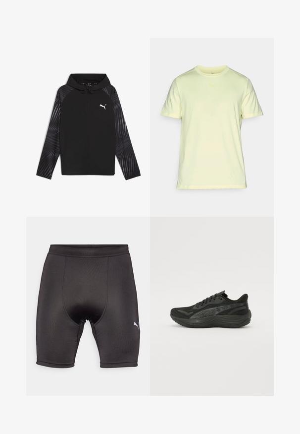 Puma RUN FAVORITE AOP WOVEN JACKET M - Verryttelytakki - black-aop; Vaaleankeltainen urheilupaita, joka on valmistettu pehmeästä ja kevyestä kankaasta. Paita on varustettu pyöreällä kauluksella ja lyhyillä hihoilla, ja rinnassa on hillitty logo.; Mustat urheilushortsit, jotka on valmistettu sileästä ja joustavasta kankaasta. Ominaisuuksiin kuuluu vartalonmyötäinen muotoilu, vahvistettu ompelu ja pieni valkoinen logo alareunassa vasemmalla puolella.; Musta urheilujalkine, jossa on teksturoitu verkkopintainen yläosa, tasaiset nauhat ja pehmustettu pohja, jossa on hienovaraisia heijastavia yksityiskohtia.