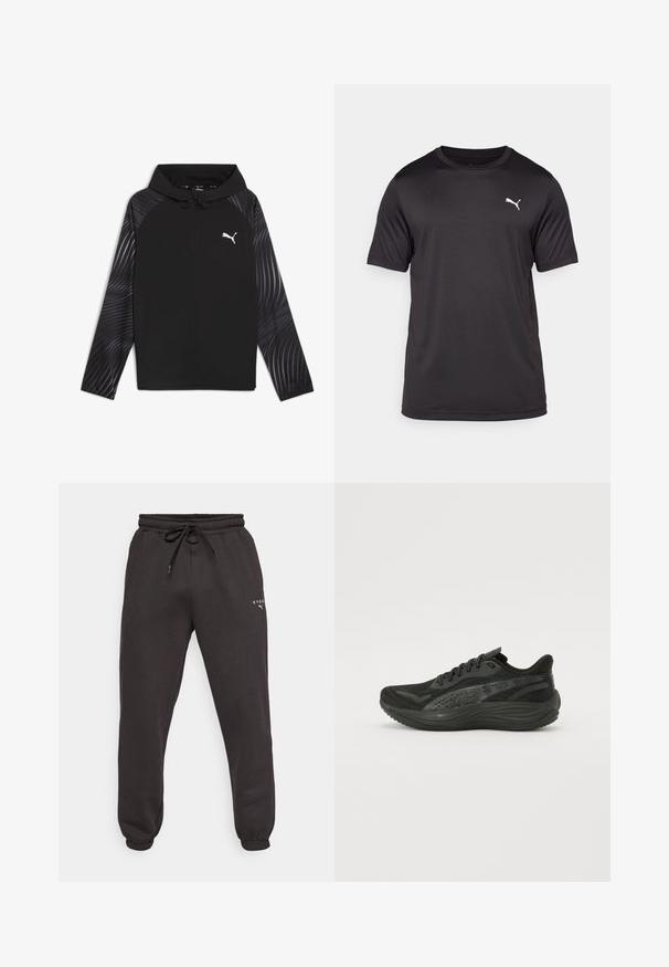 Puma RUN FAVORITE AOP WOVEN JACKET M - Sportinė striukė - black-aop; Juodas sportinis marškinėliai iš drėgmę sugeriančios medžiagos, su apvalia kaklo išpjova, trumpomis rankovėmis ir mažu baltu logotipu kairiajame krūtinės kampe.; Juodos sportinės kelnės su elastinga liemenėle, raišteliu ir susiaurintais kulkšniais. Kairėje šlaunyje spausdintas logotipas. Pagamintos iš minkštos medžiagos.; Juodos sportinės bateliai su tekstūruotu mezginiu, plokščiomis raištelėmis ir paminkštintu padu, turinčiu subtilius atspindinčius akcentus.