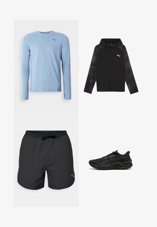 Puma RUN FAVORITE AOP WOVEN JACKET M - Trainingsjacke - black-aop; Hellsblaues Langarmshirt aus weichem, elastischem Material. Mit Rundhalsausschnitt und kleinem dunklen Logo auf der linken Brust.; Schwarze Badeshorts mit elastischem Bündchen und Kordelzug. Leichtes Material mit Seitentaschen. Mit einem kleinen Logo am Saum.; Schwarzer Sportschuh mit einer strukturierten Oberseite, gewölbter Sohle und verstärktem Fersenbereich. Verfügt über Schnürsenkel und ein dezentes seitliches Designelement.